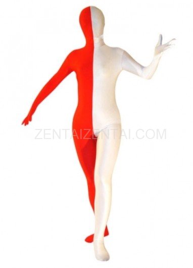 Half White Half Red  Lycra Spandex Unisex Morph Zentai Suit
