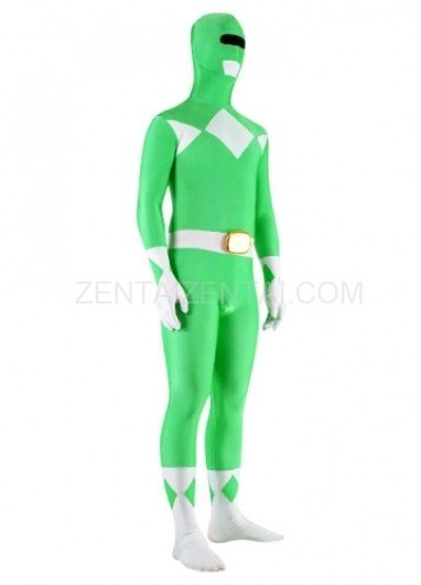Green And White Lycra Spandex Unisex Super Hero Morph Zentai Suit