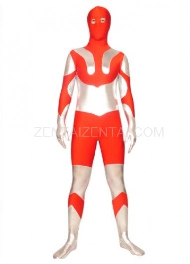 Red And Silver Lycra Spandex Super Hero Morph Zentai Suit