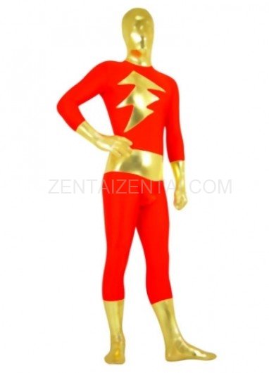 Red with Gold Shiny Metallic Lycra Spandex Super Hero Morph Zentai Suit