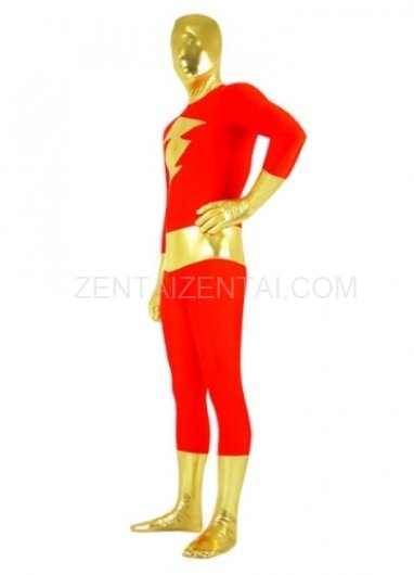 Red with Gold Shiny Metallic Lycra Spandex Super Hero Morph Zentai Suit