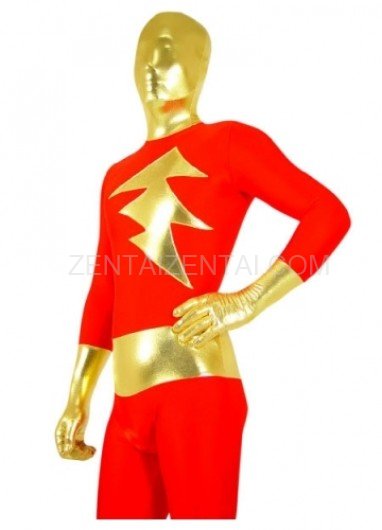 Red with Gold Shiny Metallic Lycra Spandex Super Hero Morph Zentai Suit