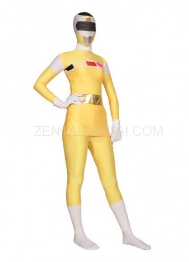 Yellow with White Shiny Metallic Lycra Super Hero Morph Zentai Suit