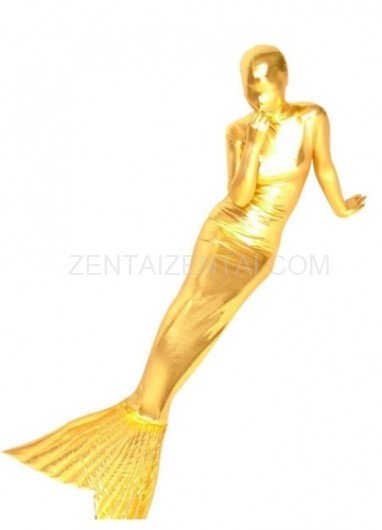 Gold Shiny Metallic Mermaid Trumpet Morph Zentai Suit