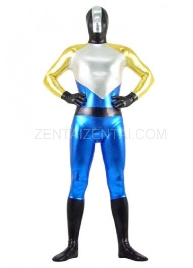 Gold Silver Black And Blue Shiny Metallic Super Hero Morph Zentai Suit