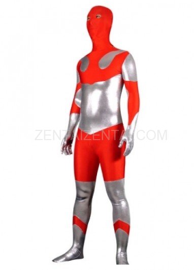 Silver And Red Shinny Metallic Lycra Spandex Morph Zentai Suit