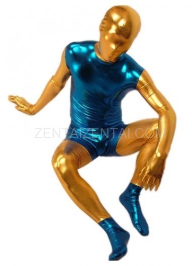 Blue And Gold Shiny Metallic Morph Zentai Suit