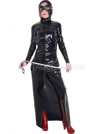Front Open Sexy Shiny PVC Catsuit with Whip and Mask