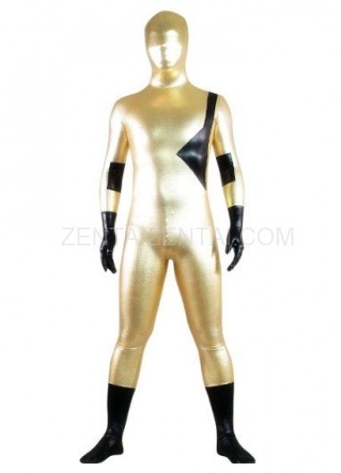 Gold And Black Shiny Metallic Lycra Spandex Morph Zentai Suit