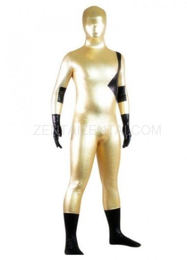 Gold And Black Shiny Metallic Lycra Spandex Morph Zentai Suit