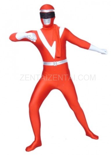 Red And White Lycra Shiny Metallic Super Hero Morph Zentai Suit