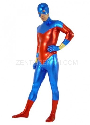 Suitable Blue And Red Shiny Metallic Unisex Morph Zentai Suit