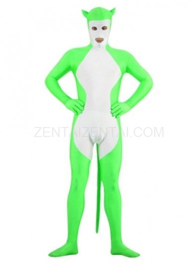 White And Green Shiny Metallic Morph Zentai Suit