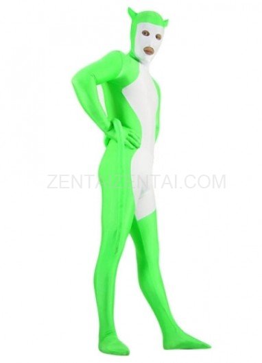 White And Green Shiny Metallic Morph Zentai Suit