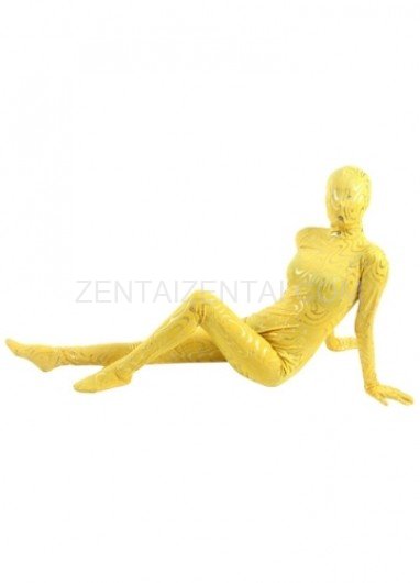 Yellow Shiny Metallic Golden Stripes Breathable Elastic Morph Zentai