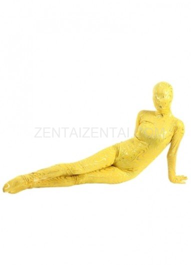 Yellow Shiny Metallic Golden Stripes Breathable Elastic Morph Zentai