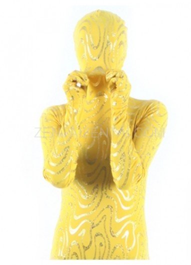 Yellow Shiny Metallic Golden Stripes Breathable Elastic Morph Zentai