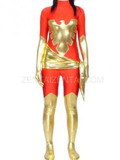 Red Lycra Spandex Unisex Catsuit with Gold Shiny Metallic Phoenix