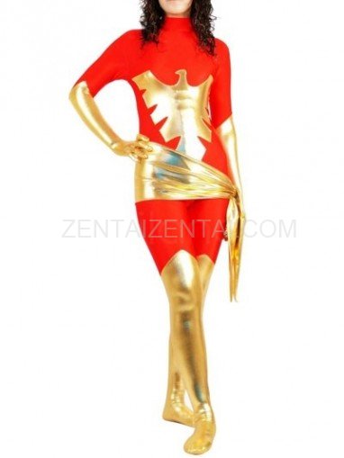 Red Lycra Spandex Unisex Catsuit with Gold Shiny Metallic Phoenix