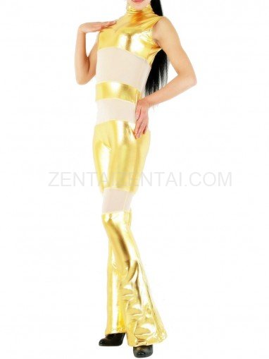 Gold Shiny Metallic with Velour Fabric Half Length Sleeveless Catsuit
