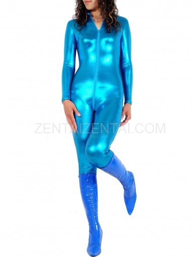 Lake Blue Shiny Metallic Front Open Unisex Catsuit