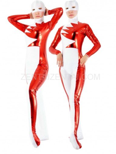 Lycra Spandex White Unisex Catsuit with Red Shiny Metallic Pattern