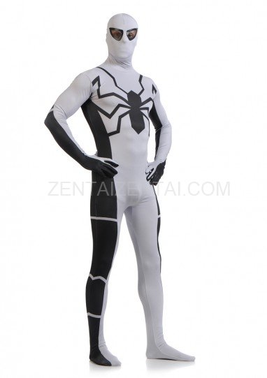 White and Black Spiderman Super Hero Halloween Full Body Spandex Holiday Unisex Lycra Morph Zentai Suit