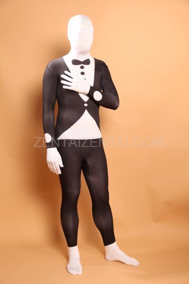 Black and White Halloween Bowtie Full Body Spandex Holiday Unisex Lycra Morph Zentai Suit