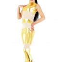 Supply Gold Shiny Metallic with Velour Fabric Half Length Sleeveless Catsuit