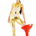 Gold Shiny Metallic with Velour Fabric Half Length Sleeveless Catsuit Gold Shiny Metallic with Velour Fabric Half Length Sleeveless Catsuit