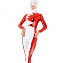 Lycra Spandex White Unisex Catsuit with Red Shiny Metallic Pattern Lycra Spandex White Unisex Catsuit with Red Shiny Metallic Pattern