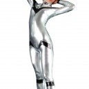 Supply Silver Shiny Metallic Unisex Catsuit with Black V Pattern