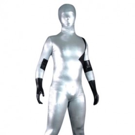 Silver And Black Shiny Metallic Lycra Spandex Morph Zentai Suit
