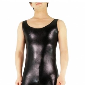 Sleeveless Black Shiny Metallic Short Leotard and Catsuit