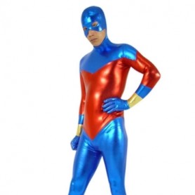 Suitable Blue And Red Shiny Metallic Unisex Morph Zentai Suit