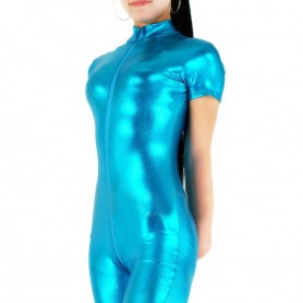 Popular Lake Blue Shiny Metallic Half Length Unisex Catsuit