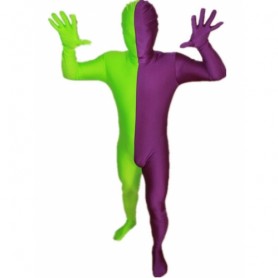Purple And Lime green Fullbody Full Body Lycra Spandex Morph Zentai Suits Split Morph Zentai Suit