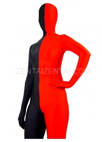Fullbody Full Body Half Red Half Black Spandex Morph Zentai Suit