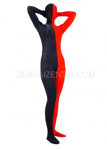 Fullbody Full Body Half Red Half Black Spandex Morph Zentai Suit
