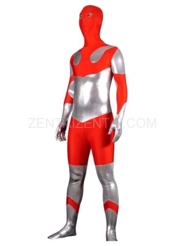 Silver And Red Shinny Metallic Lycra Spandex Morph Zentai Suit