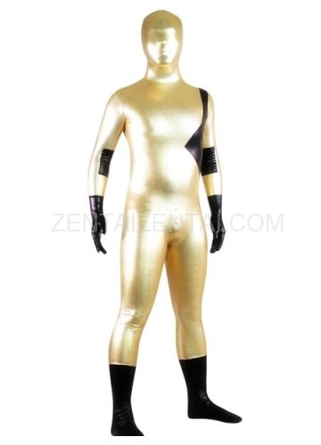 Gold And Black Shiny Metallic Lycra Spandex Morph Zentai Suit