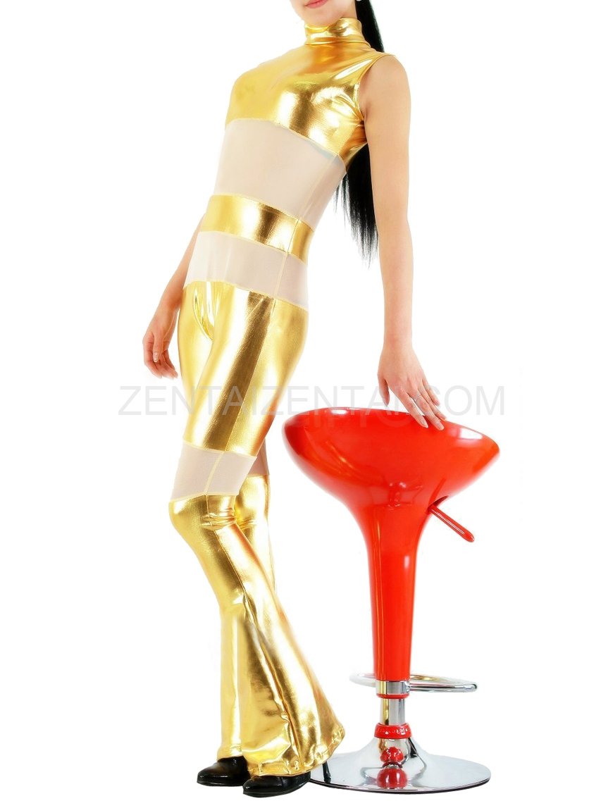 Gold Shiny Metallic with Velour Fabric Half Length Sleeveless Catsuit