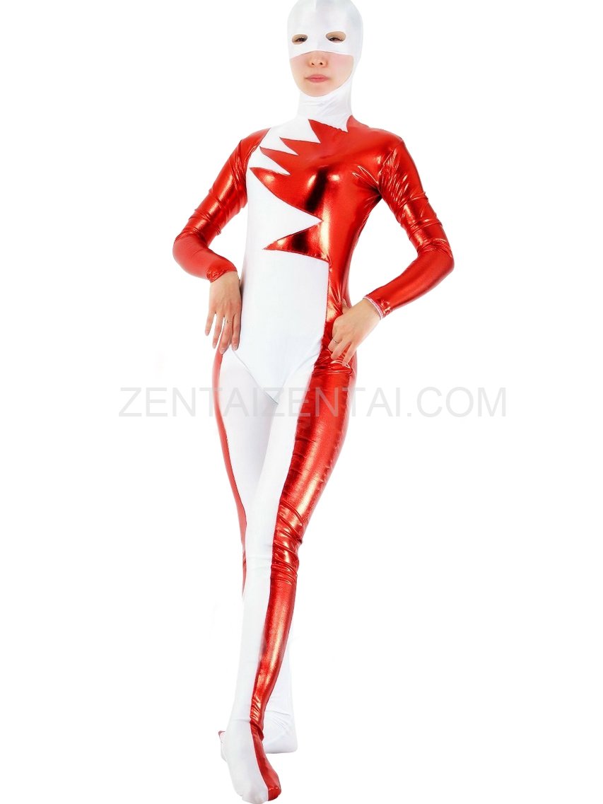 Lycra Spandex White Unisex Catsuit with Red Shiny Metallic Pattern