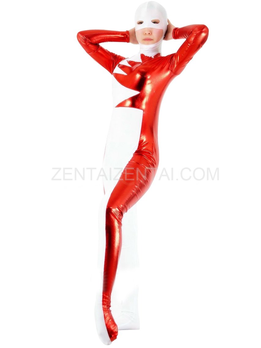 Lycra Spandex White Unisex Catsuit with Red Shiny Metallic Pattern