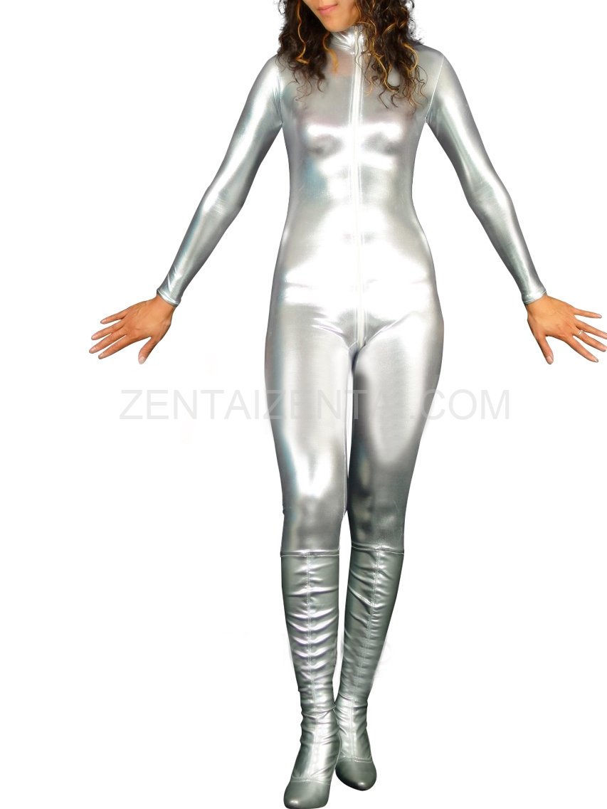 Silver Shiny Metallic Front Open Unisex Catsuit
