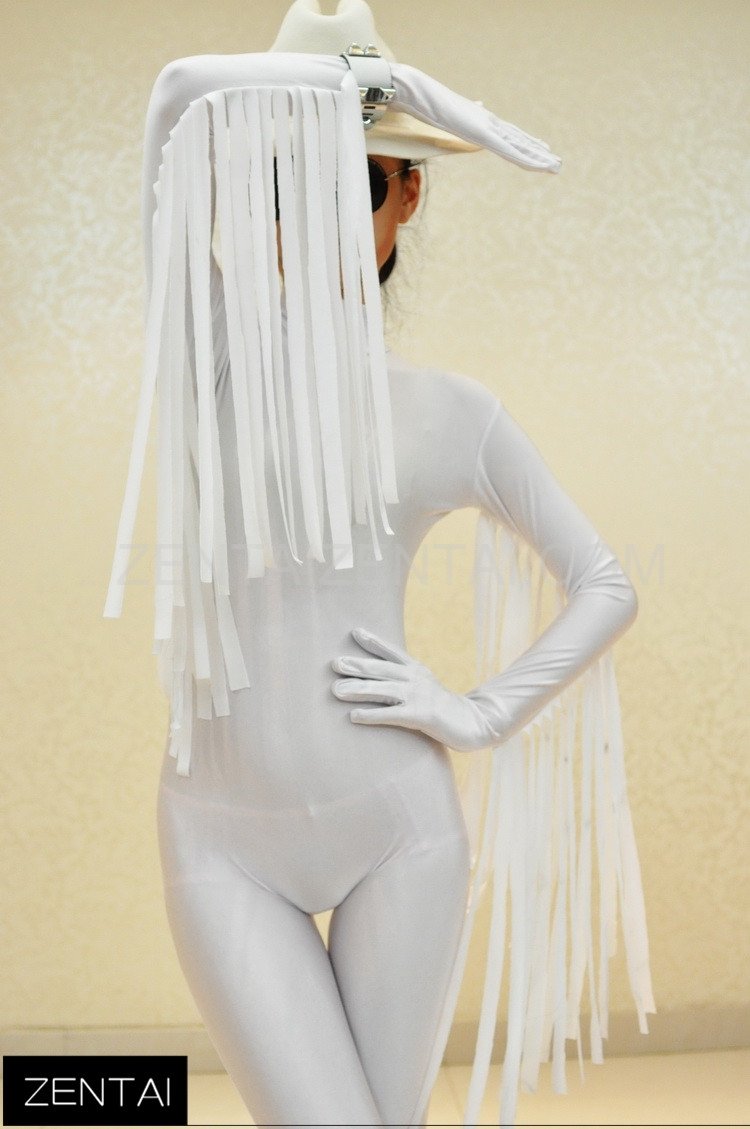 Cowboy Style Fringed White Lycra Tights Soft Breathable and Elastic Morph Zentai Suits Costume