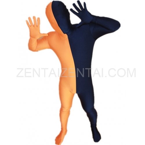 Navy blue And Orange Fullbody Full Body Lycra Spandex Morph Zentai Suits Split Morph Zentai Suit