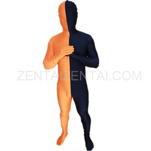 Navy blue And Orange Fullbody Full Body Lycra Spandex Morph Zentai Suits Split Morph Zentai Suit
