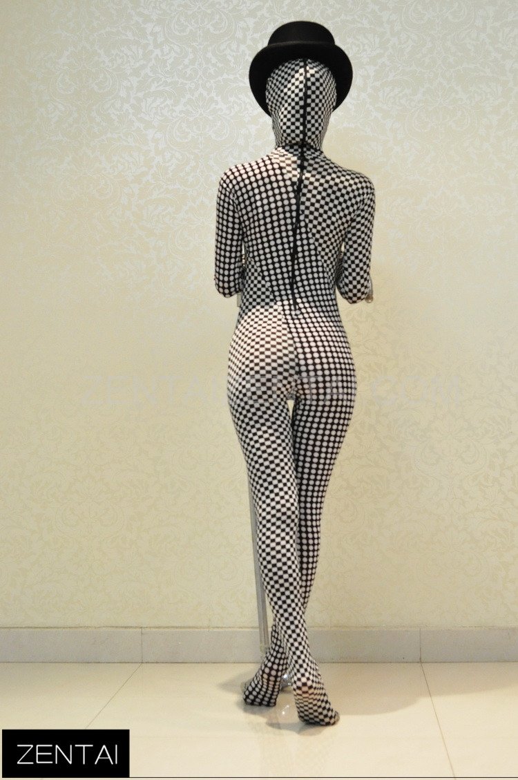 Polka Dot Checkered Pattern of Black and White Color Stitching Sense Art Fullbody Full Body Morph Zentai Suit Tights