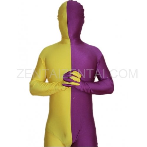 Purple And Yellow Fullbody Full Body Lycra Spandex Split  Morph Zentai Suits Split Morph Zentai Suit